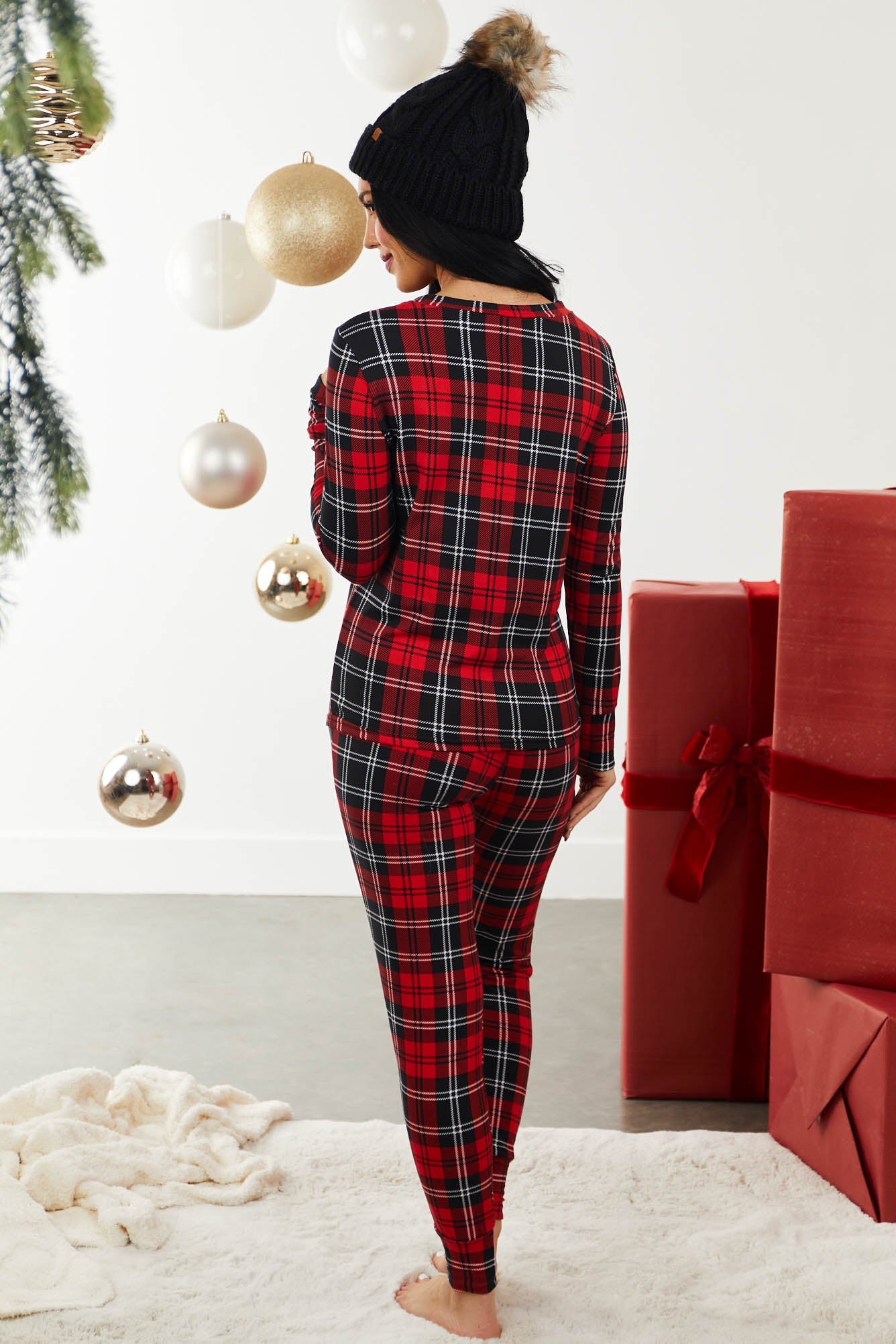 Pomegranate Plaid Knit Top and Joggers Set