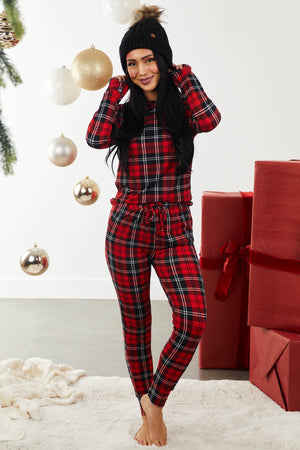 Pomegranate Plaid Knit Top and Joggers Set