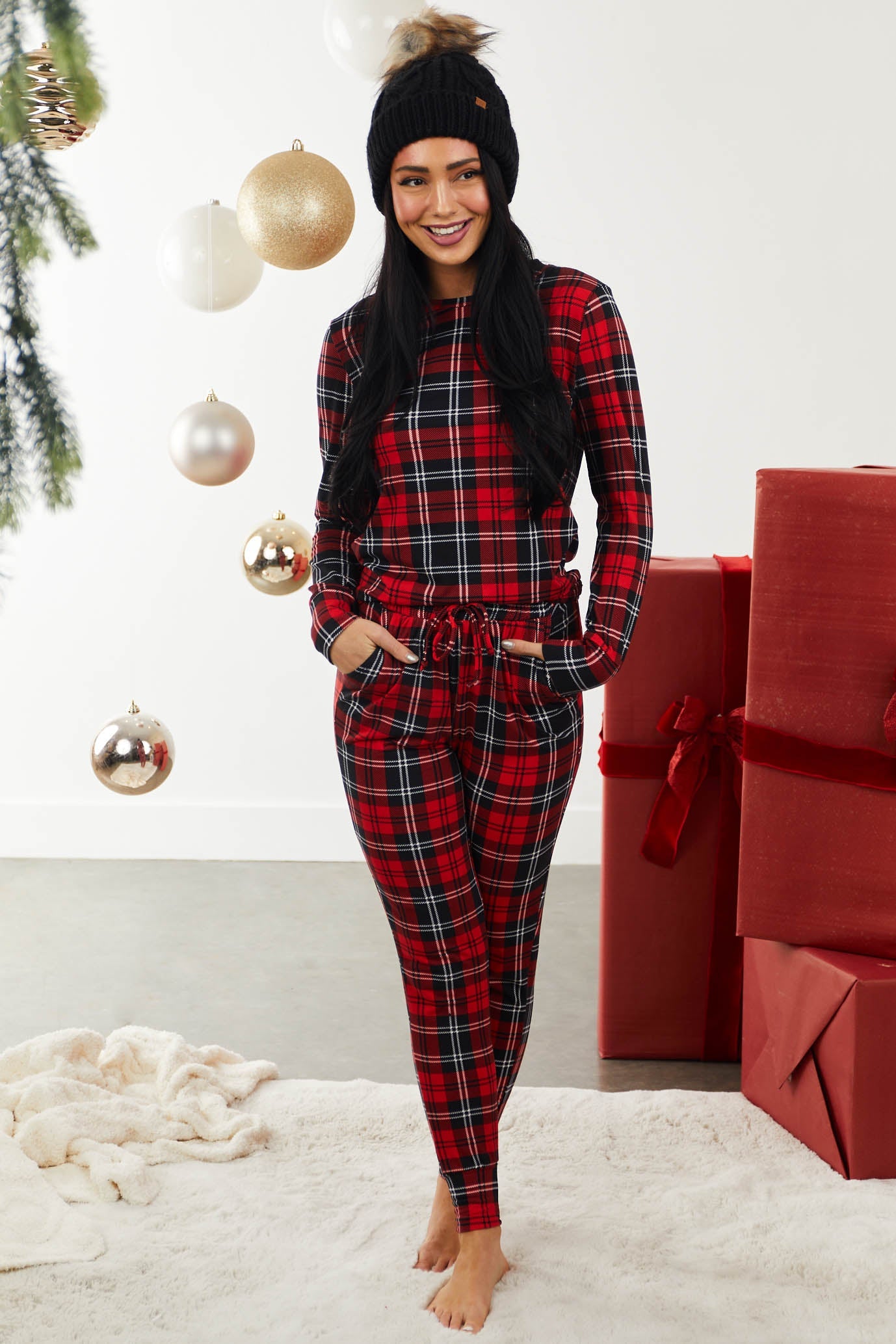 Pomegranate Plaid Knit Top and Joggers Set