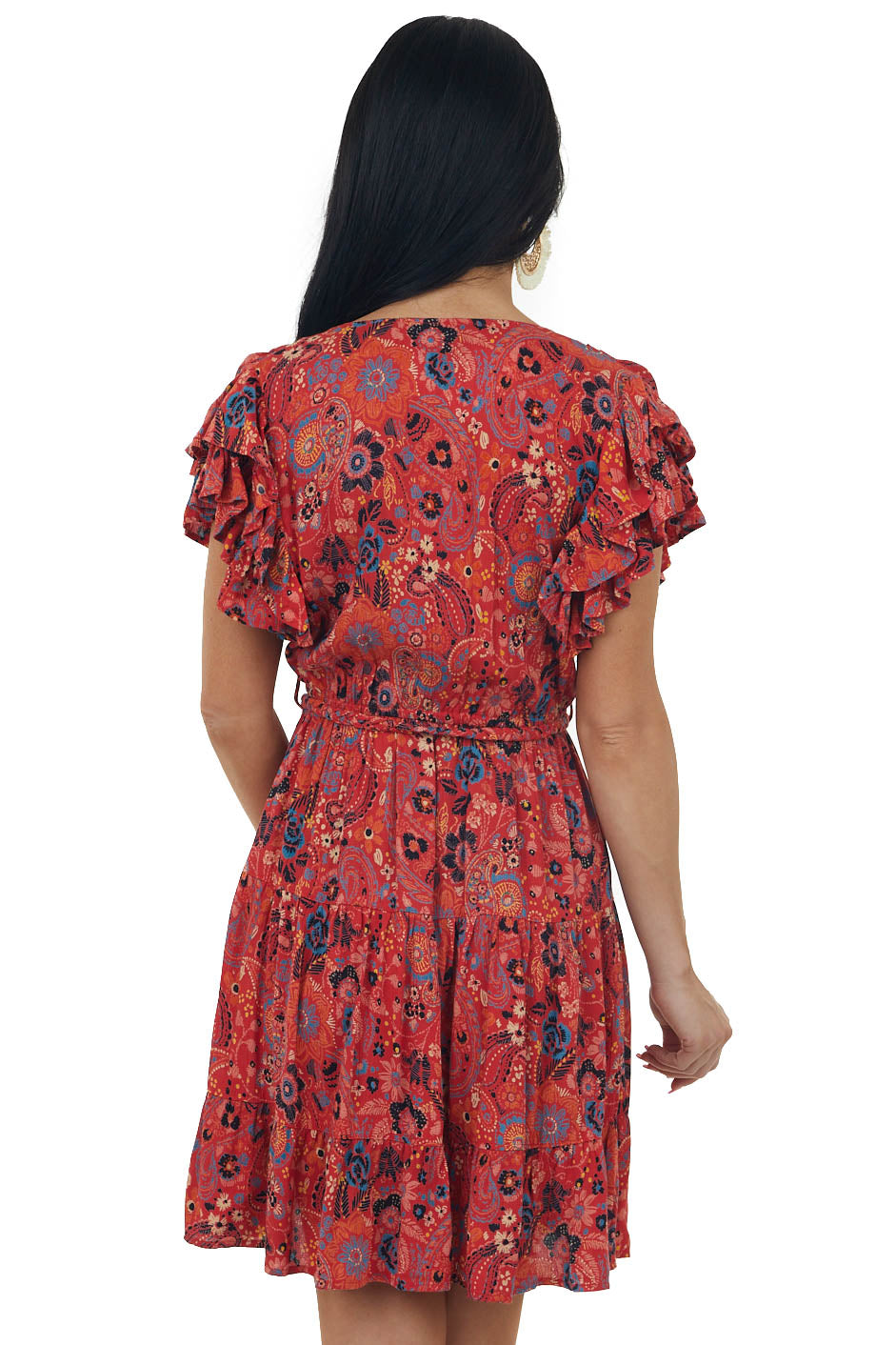 Pomegranate Printed Surplice Tie Mini Dress