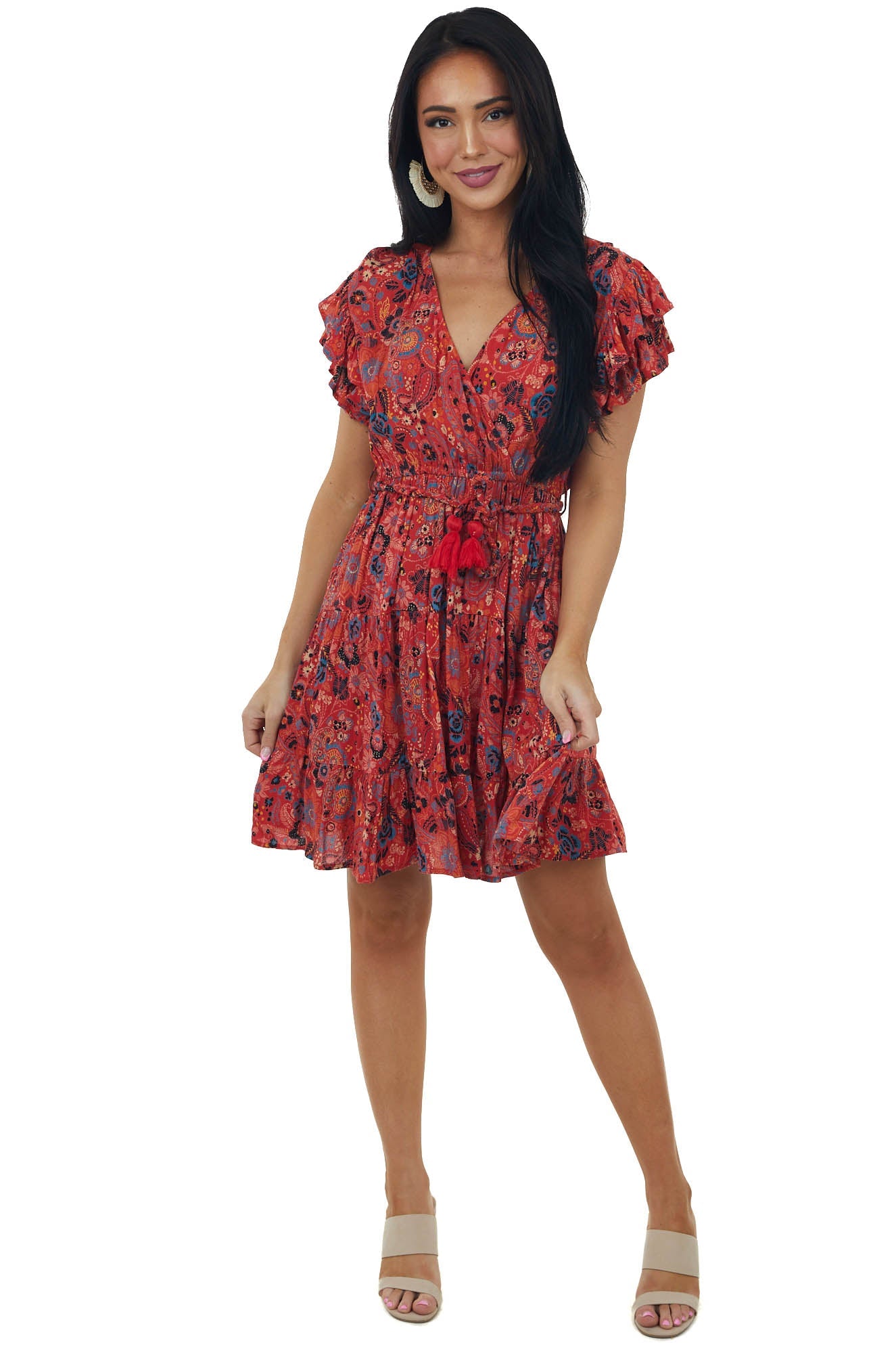 Pomegranate Printed Surplice Tie Mini Dress
