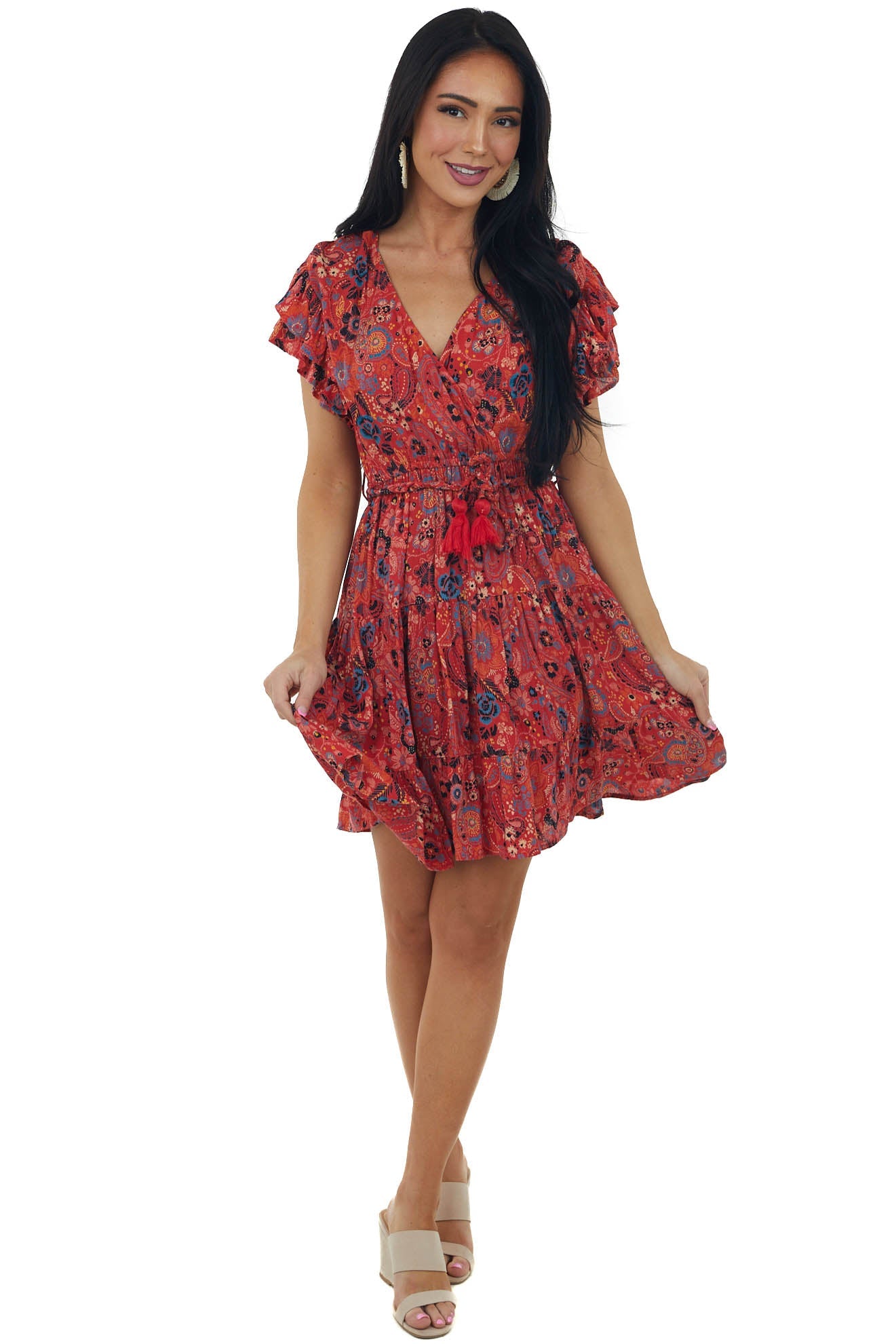 Pomegranate Printed Surplice Tie Mini Dress