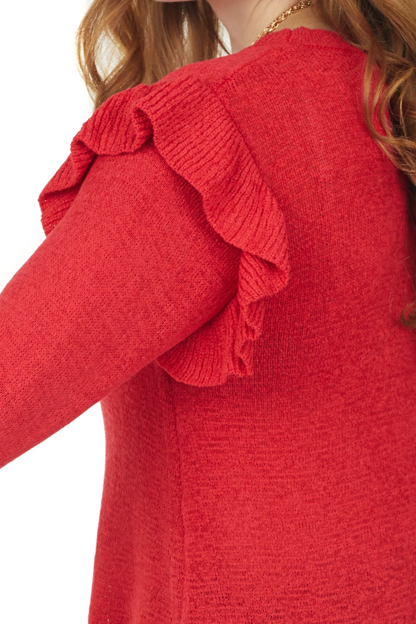 Pomegranate Ruffle Shoulder Loose Knit Sweater