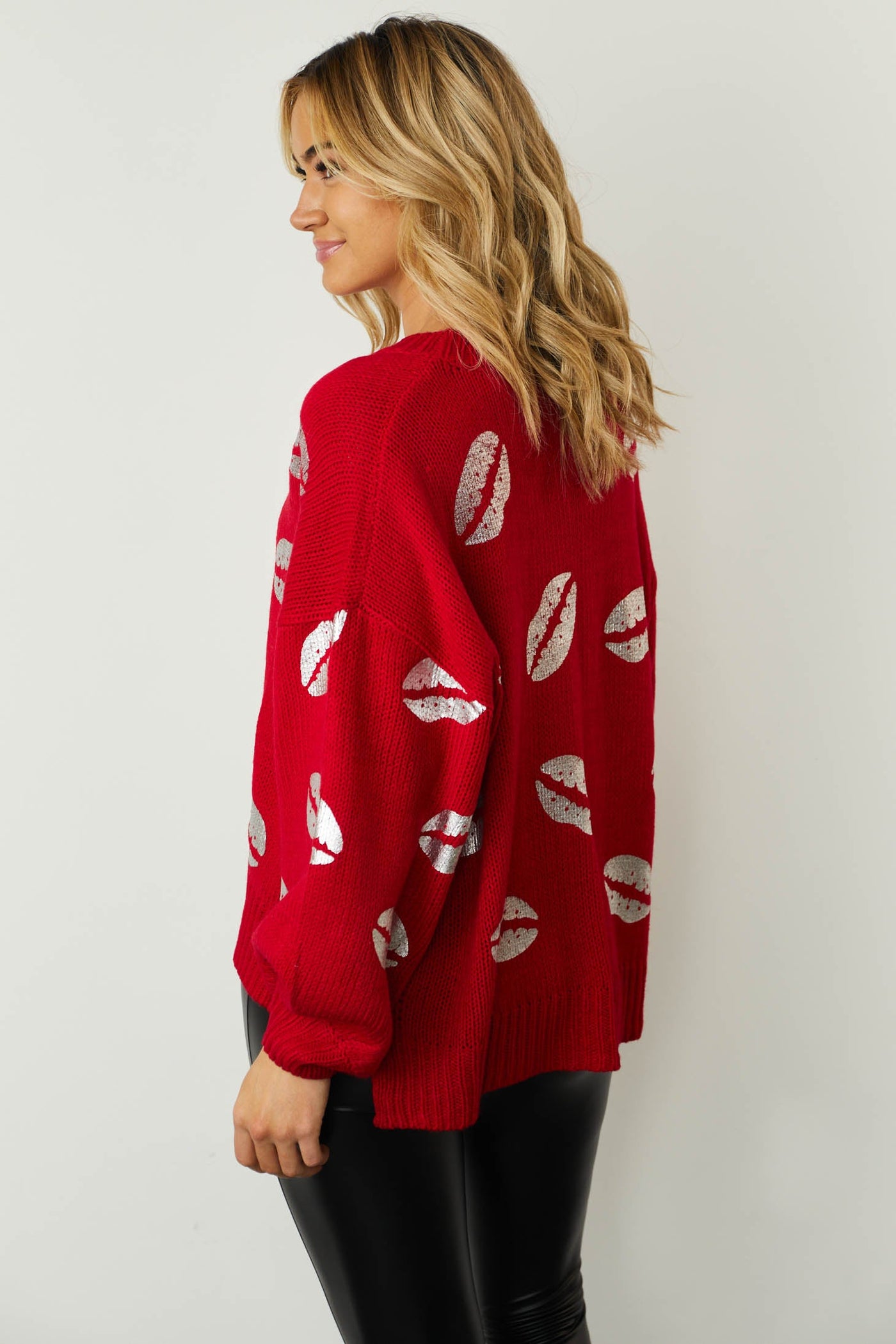 Pomegranate Silver Foil Lip Print Knit Sweater