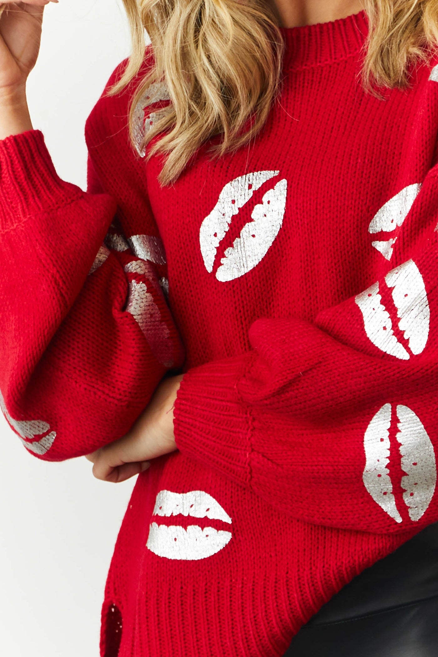Pomegranate Silver Foil Lip Print Knit Sweater