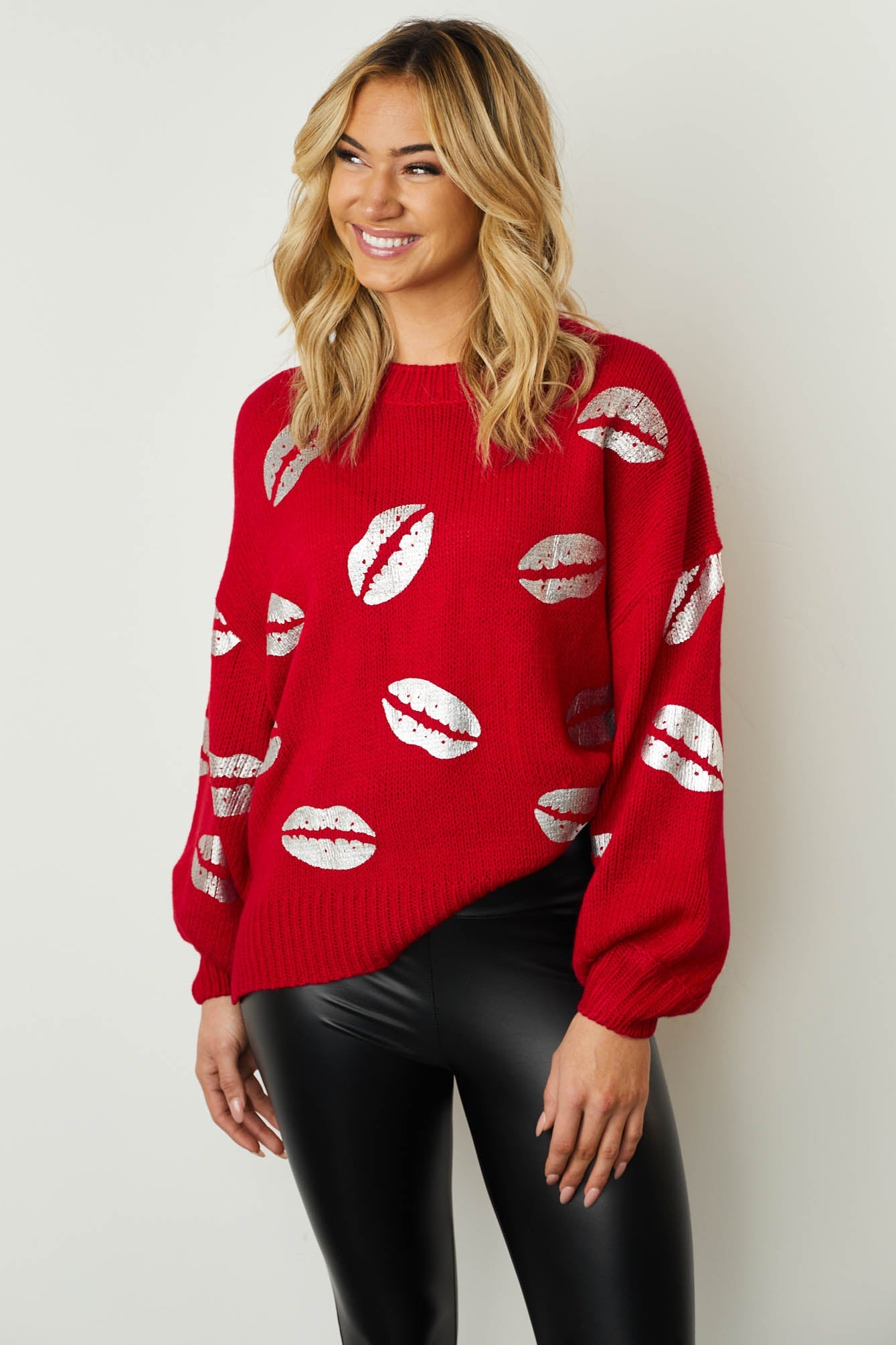 Pomegranate Silver Foil Lip Print Knit Sweater