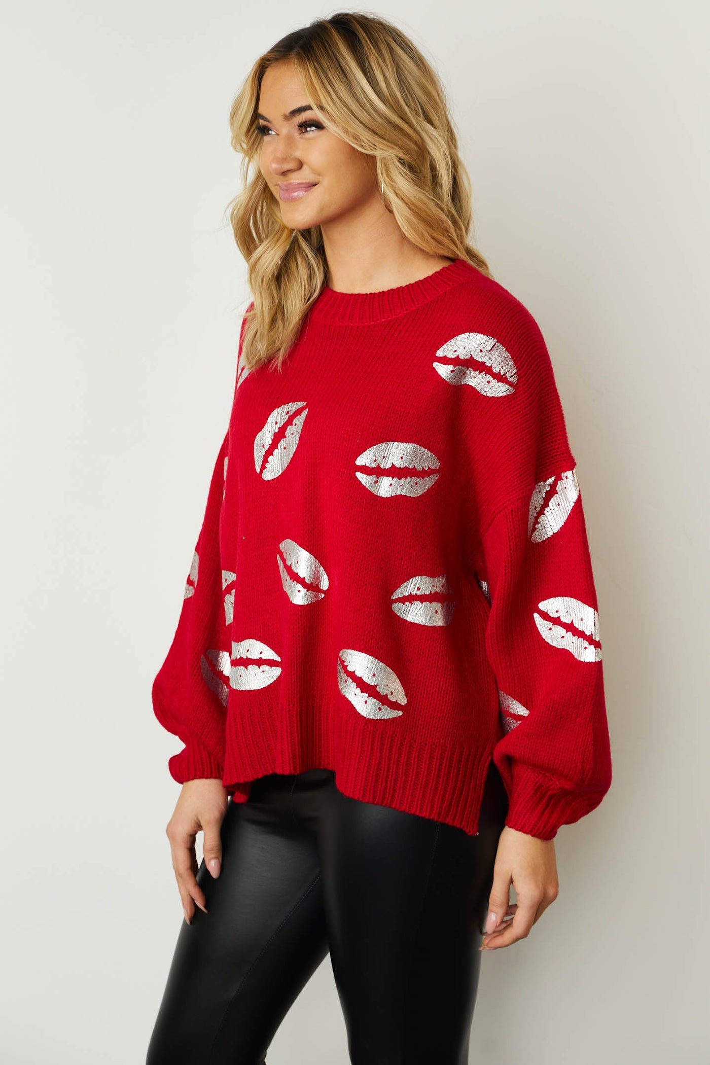 Pomegranate Silver Foil Lip Print Knit Sweater