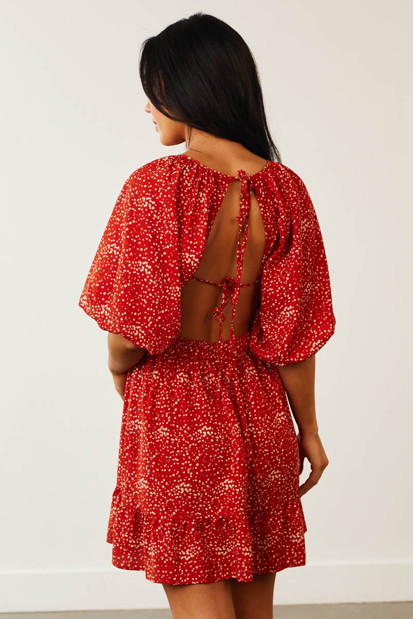 Pomegranate Spotted Open Tie Back Mini Dress