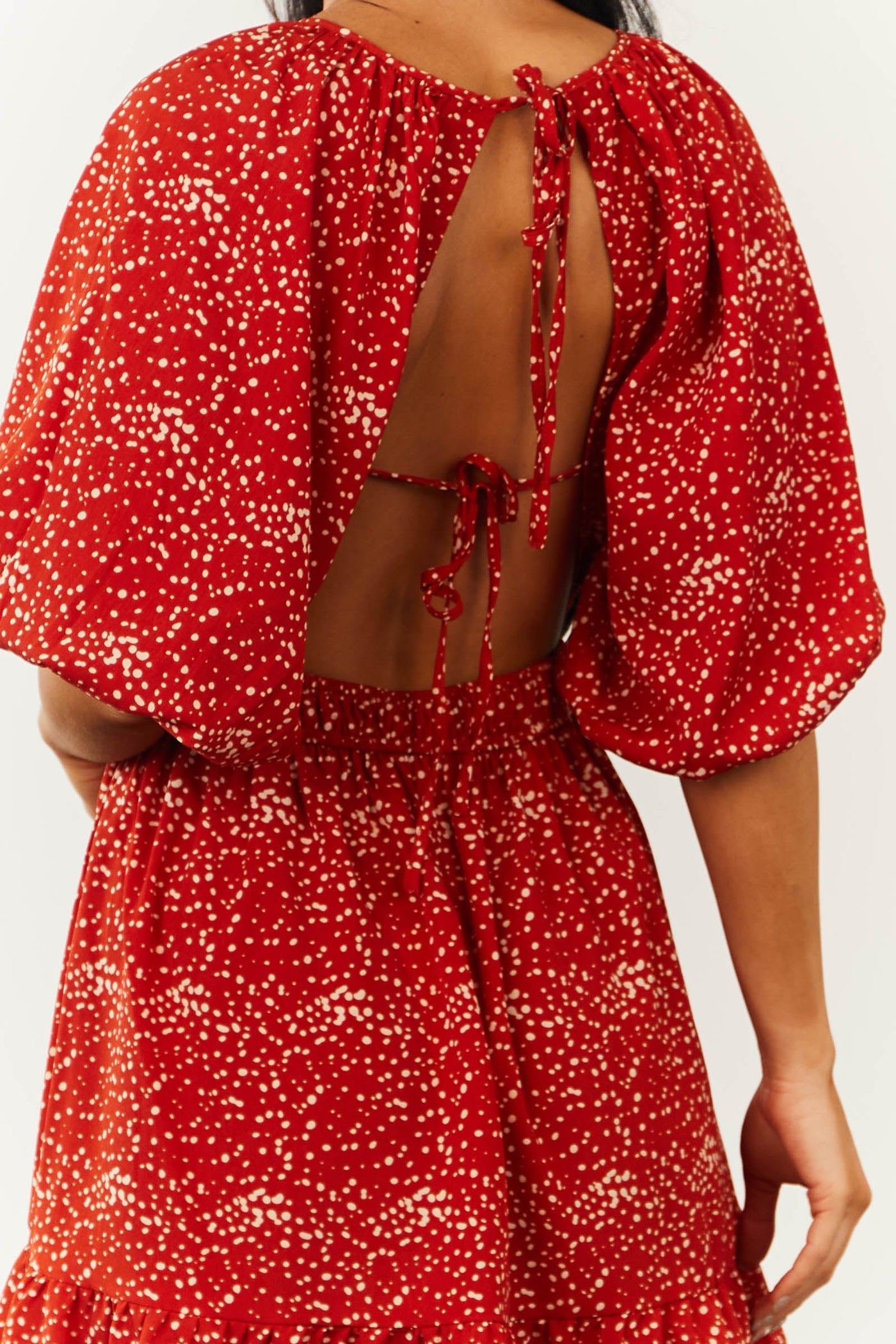 Pomegranate Spotted Open Tie Back Mini Dress