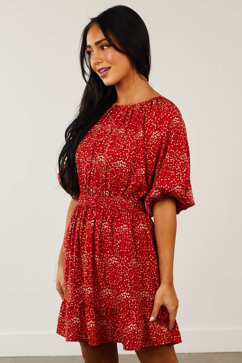 Pomegranate Spotted Open Tie Back Mini Dress