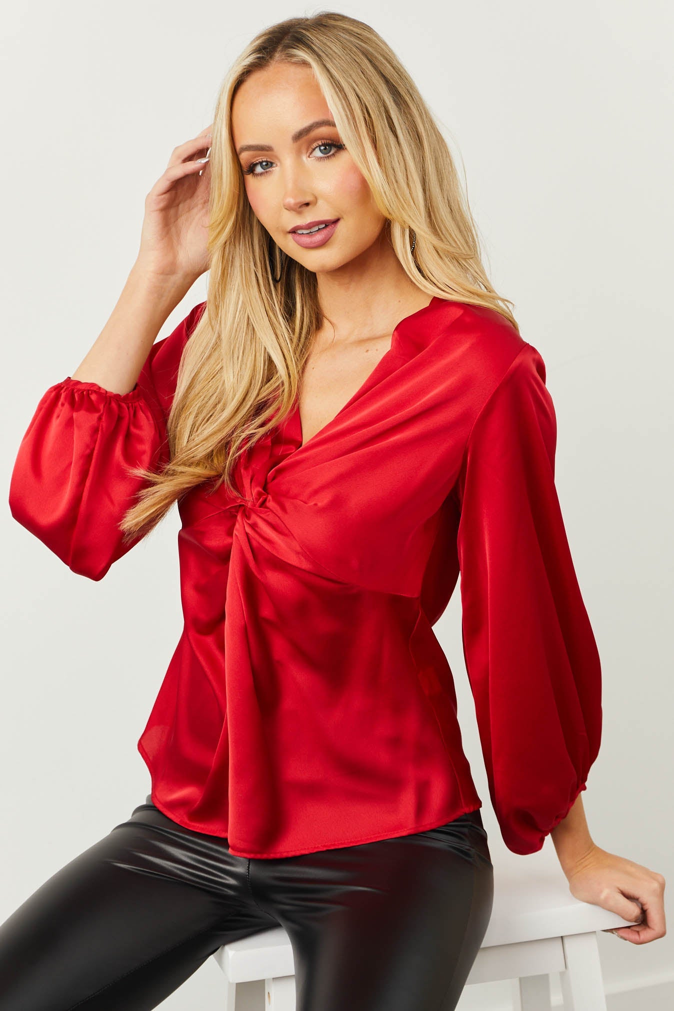 Pomegranate Twist Front 3/4 Sleeve Satin Top