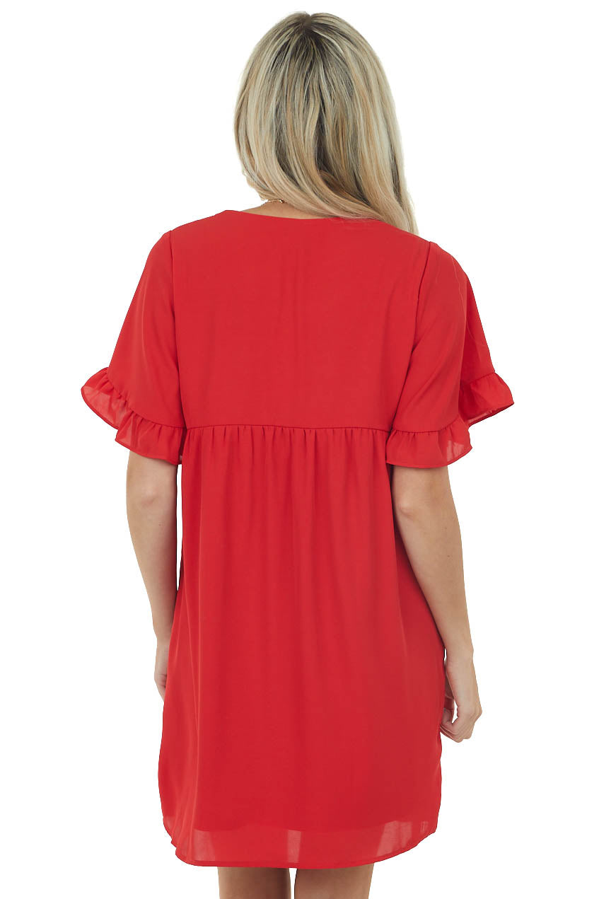 Pomegranate V Neck Short Sleeve Woven Short Dress
