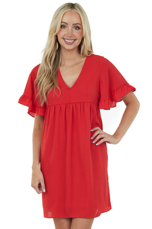 Pomegranate V Neck Short Sleeve Woven Short Dress