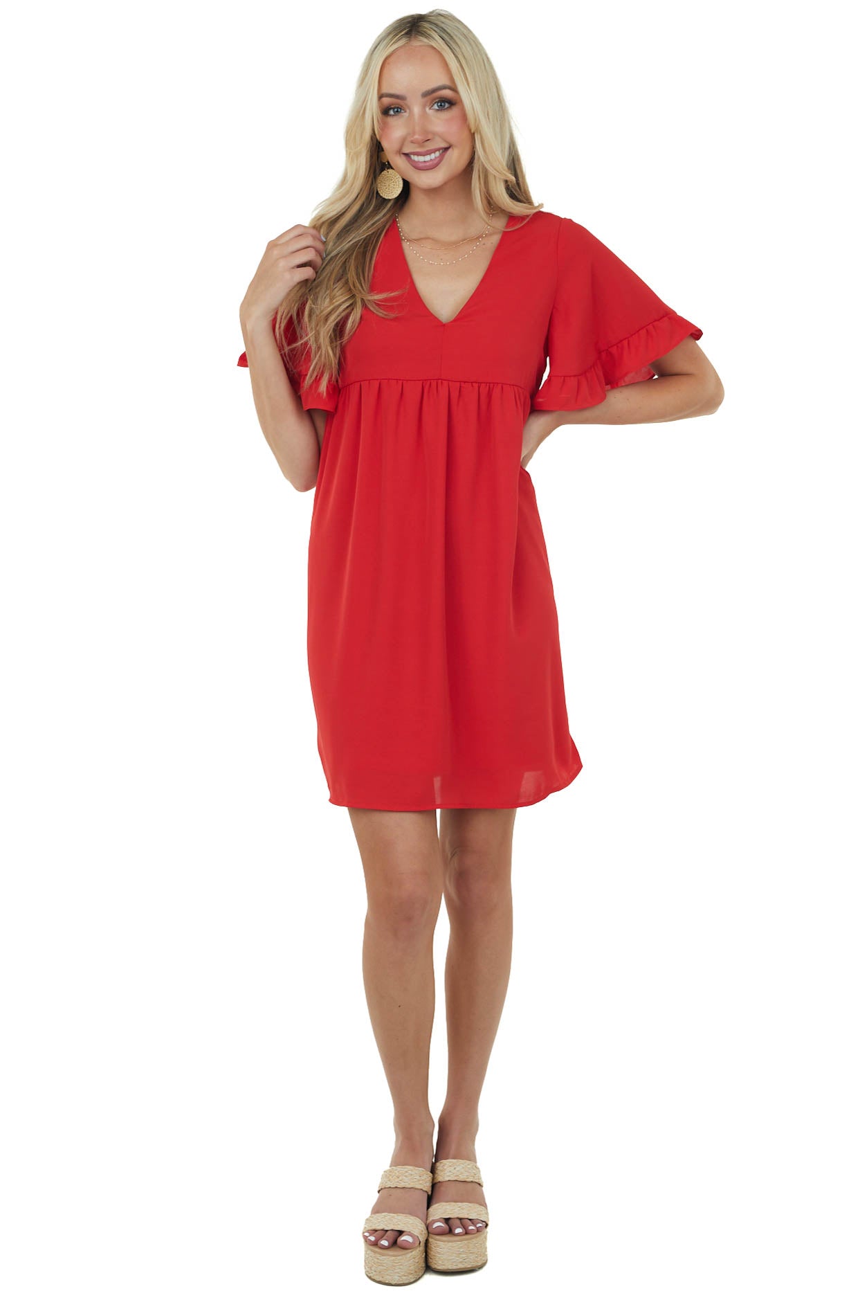 Pomegranate V Neck Short Sleeve Woven Short Dress