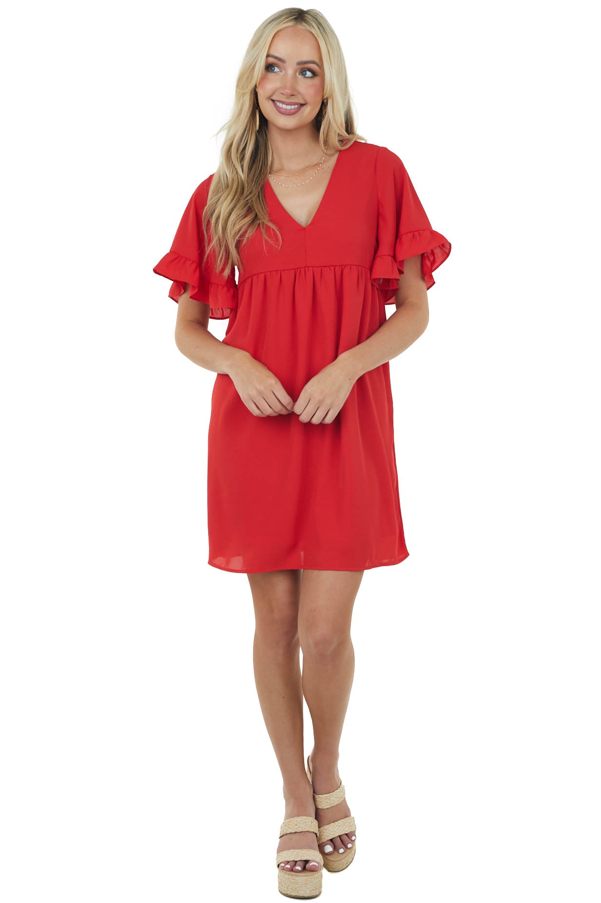 Pomegranate V Neck Short Sleeve Woven Short Dress