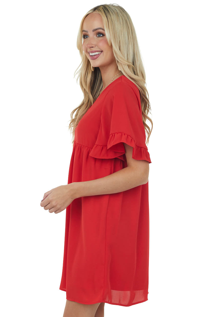 Pomegranate V Neck Short Sleeve Woven Short Dress