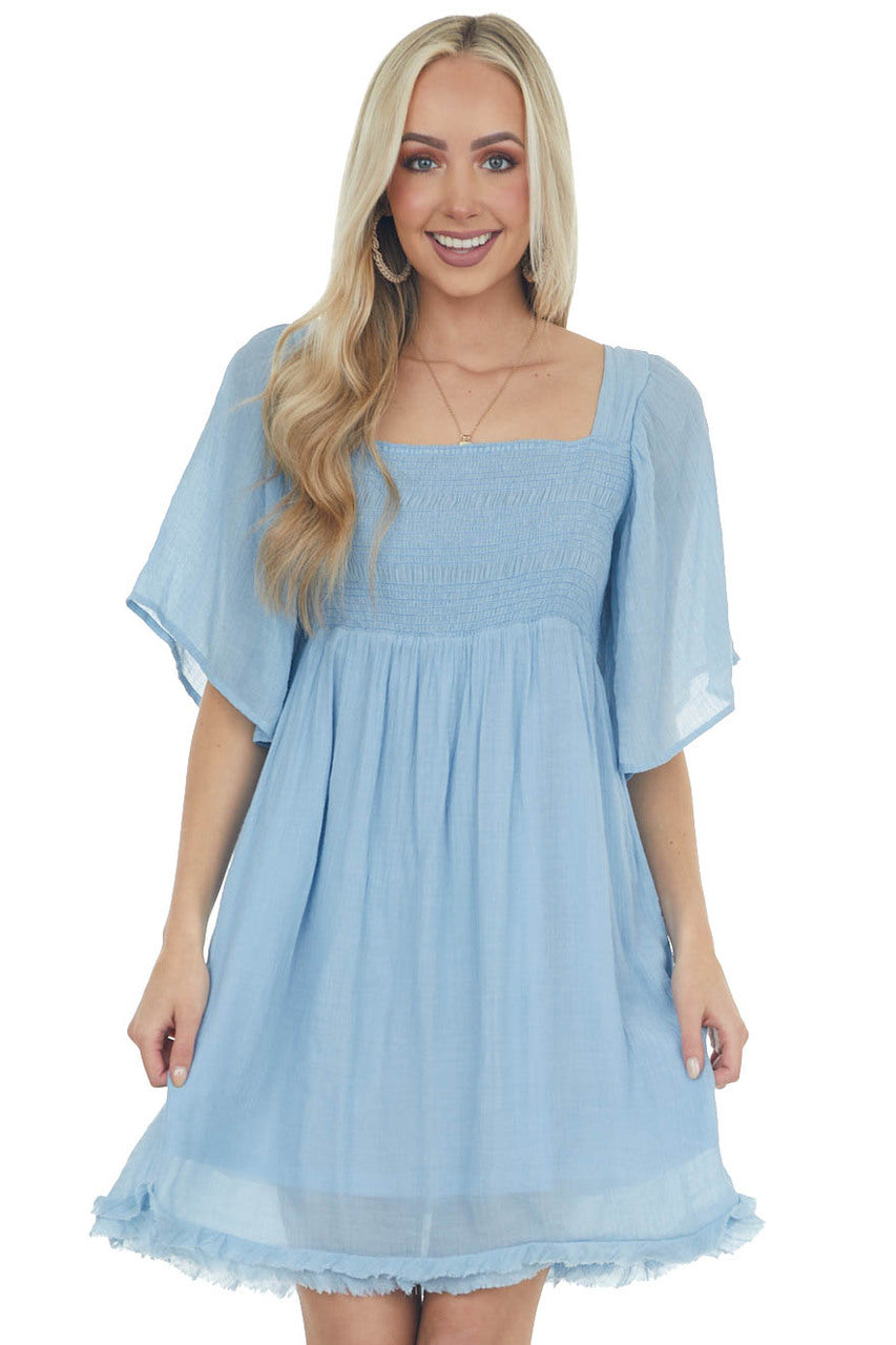 Powder Blue Babydoll Short Dress with Flutter Sleeves