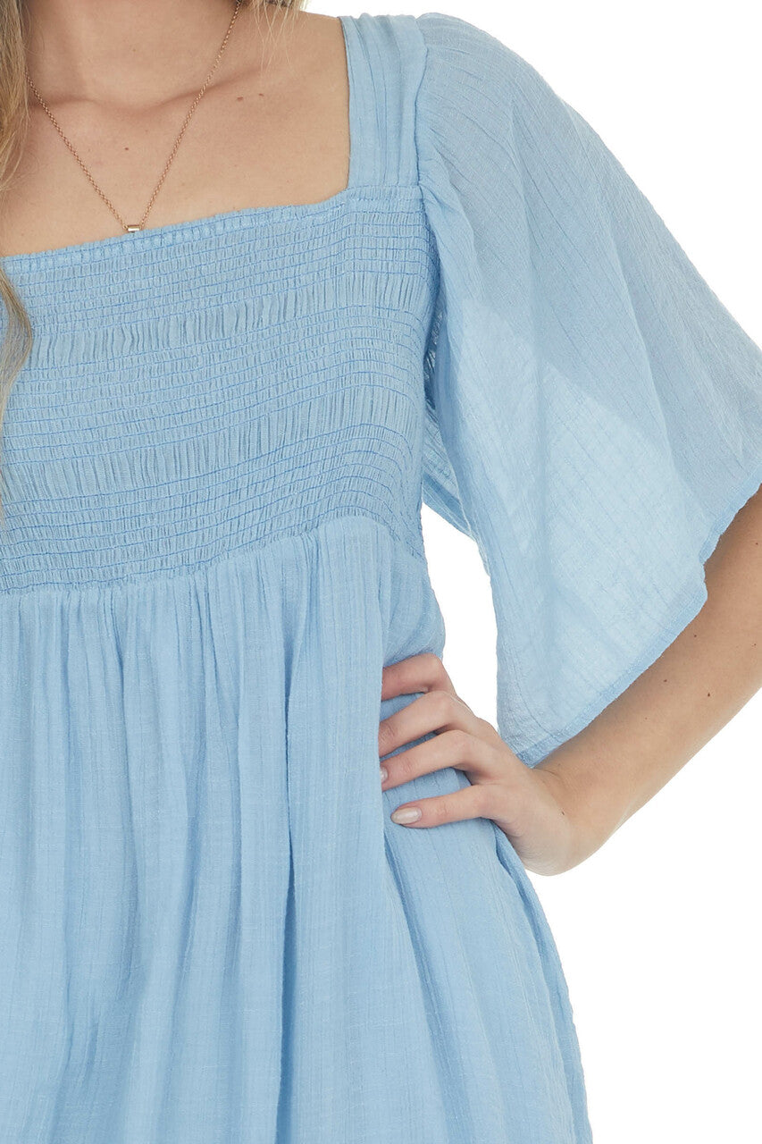 Powder Blue Babydoll Short Dress with Flutter Sleeves