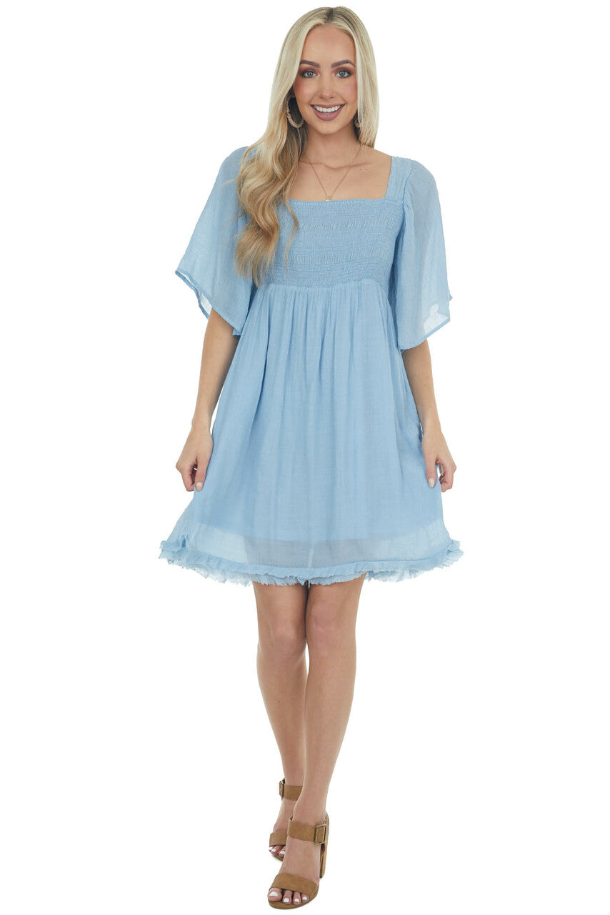 Powder Blue Babydoll Short Dress with Flutter Sleeves