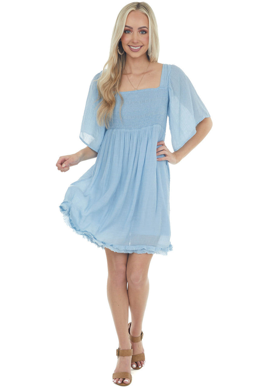 Powder Blue Babydoll Short Dress with Flutter Sleeves