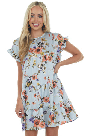 Powder Blue Floral Print Tiered Babydoll Dress