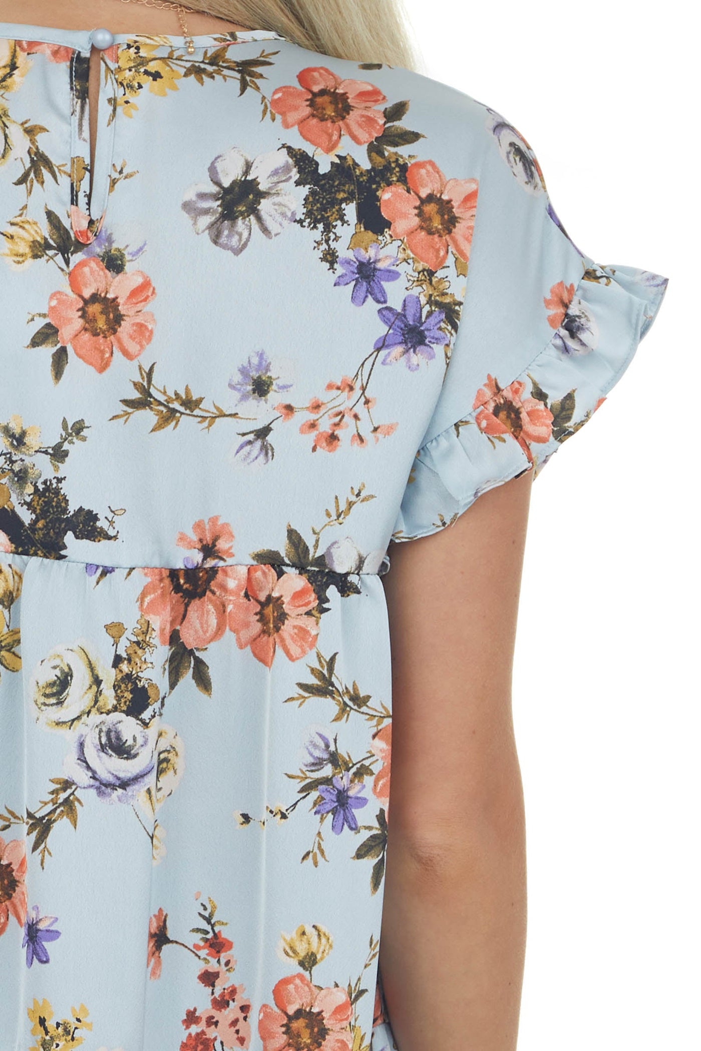 Powder Blue Floral Print Tiered Babydoll Dress