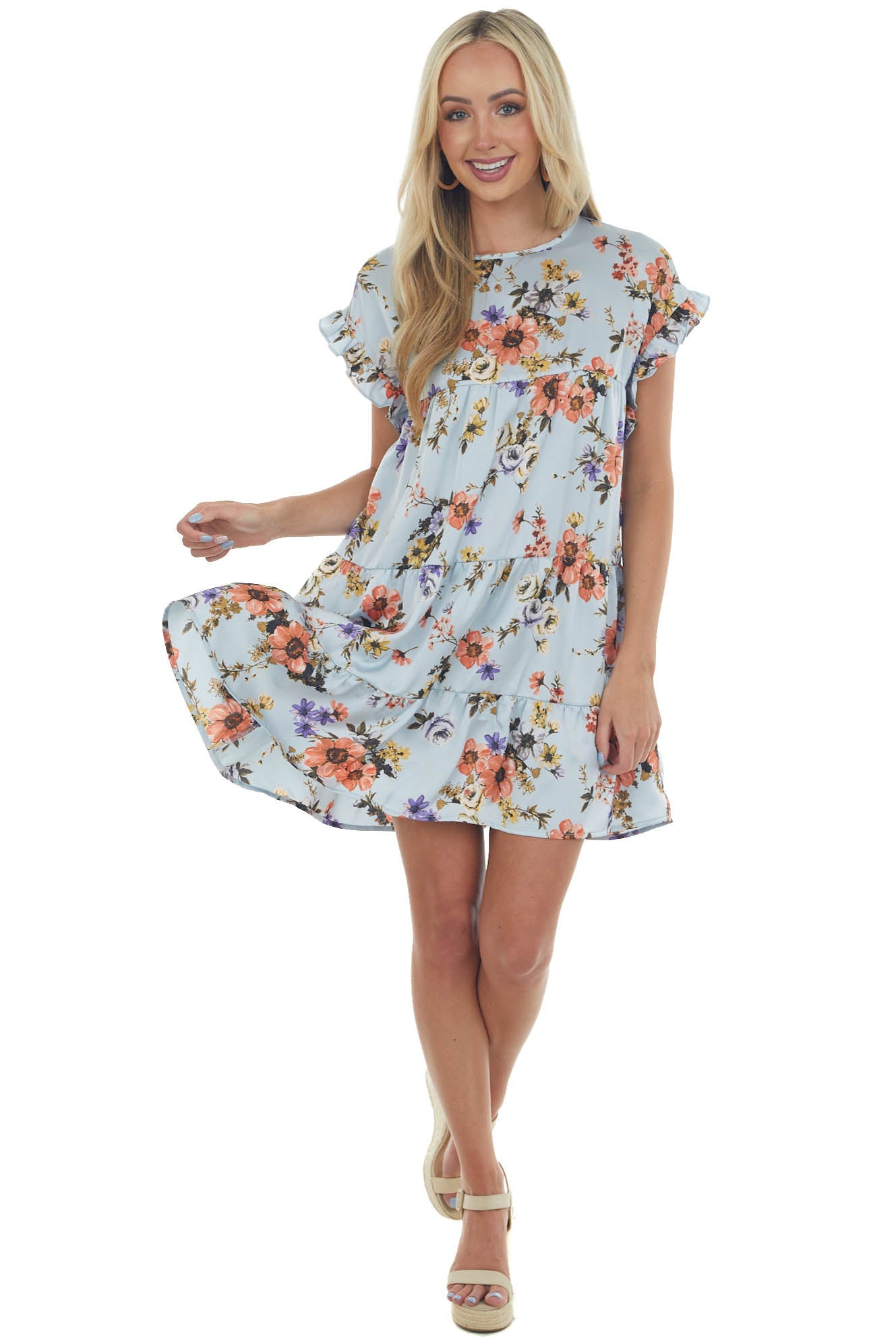 Powder Blue Floral Print Tiered Babydoll Dress