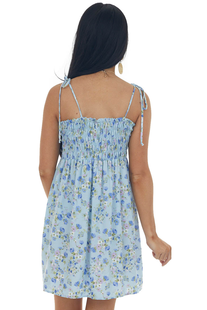 Powder Blue Floral Smocked Sleeveless Mini Dress