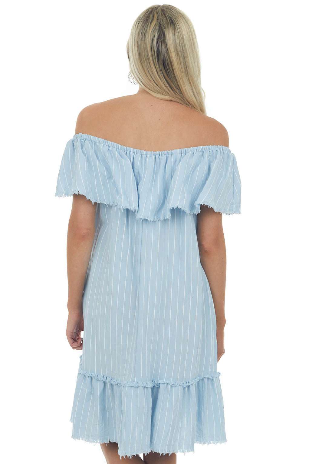Powder Blue Pinstripe Frayed Ruffle Dress