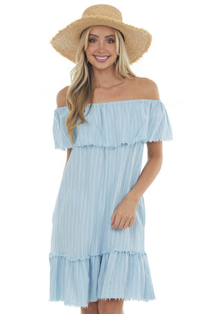 Powder Blue Pinstripe Frayed Ruffle Dress