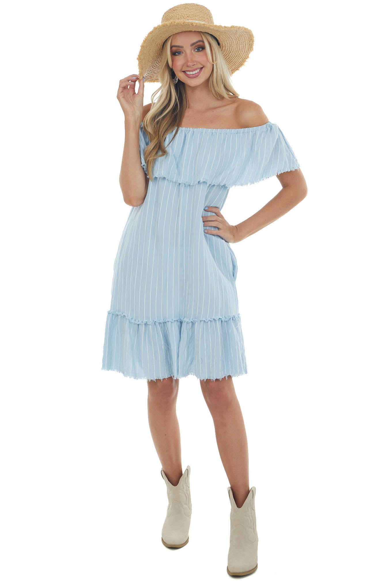 Powder Blue Pinstripe Frayed Ruffle Dress