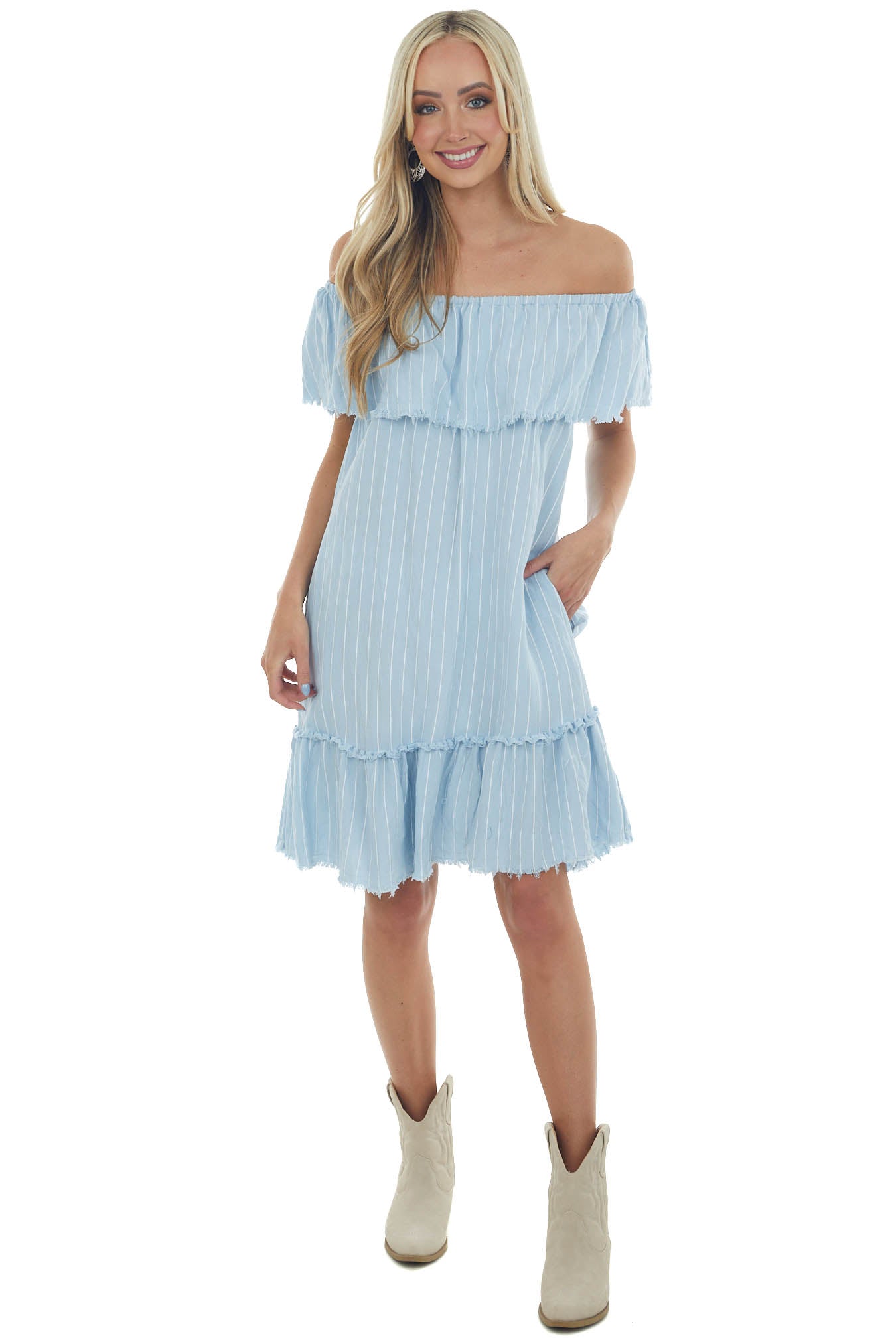 Powder Blue Pinstripe Frayed Ruffle Dress