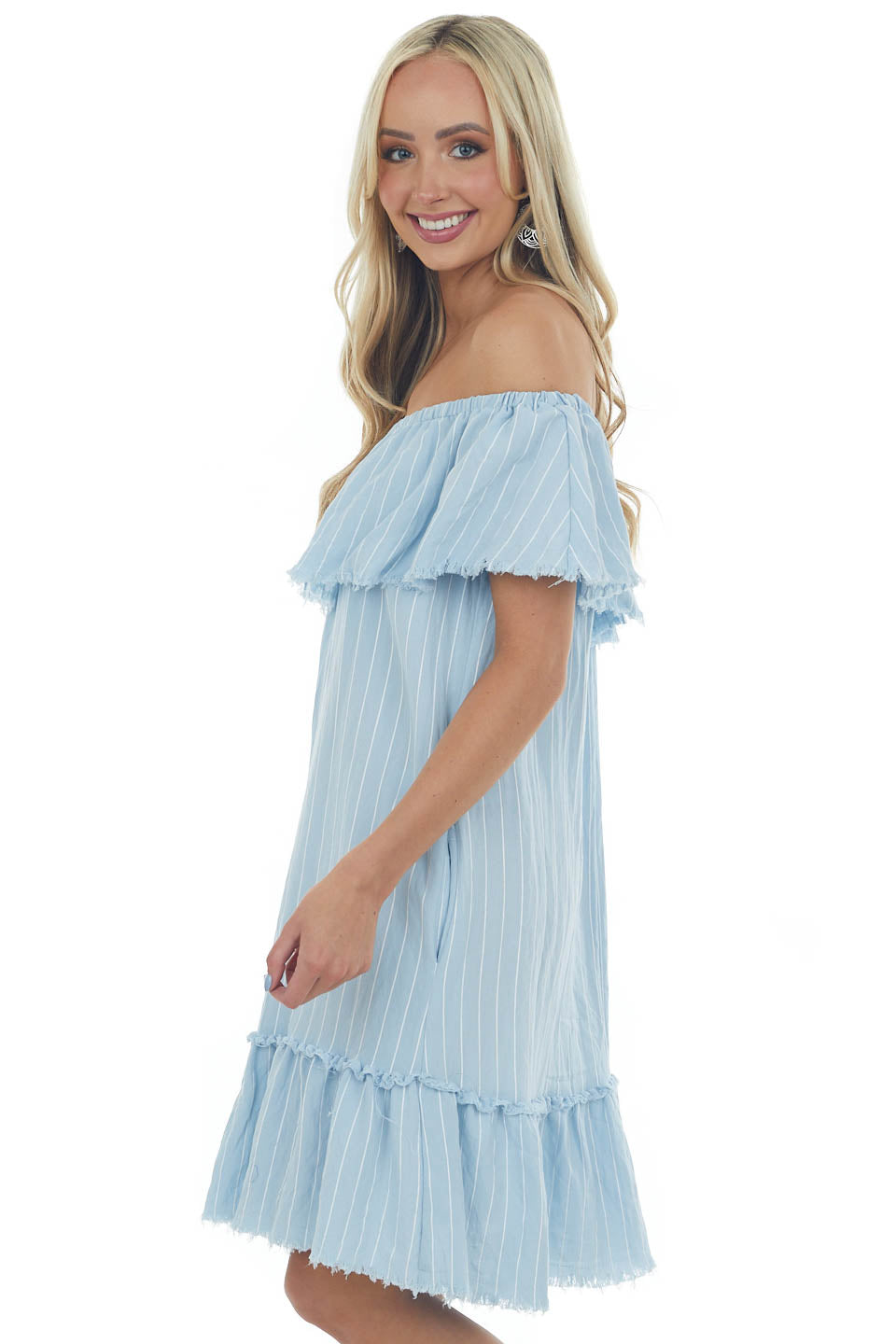 Powder Blue Pinstripe Frayed Ruffle Dress