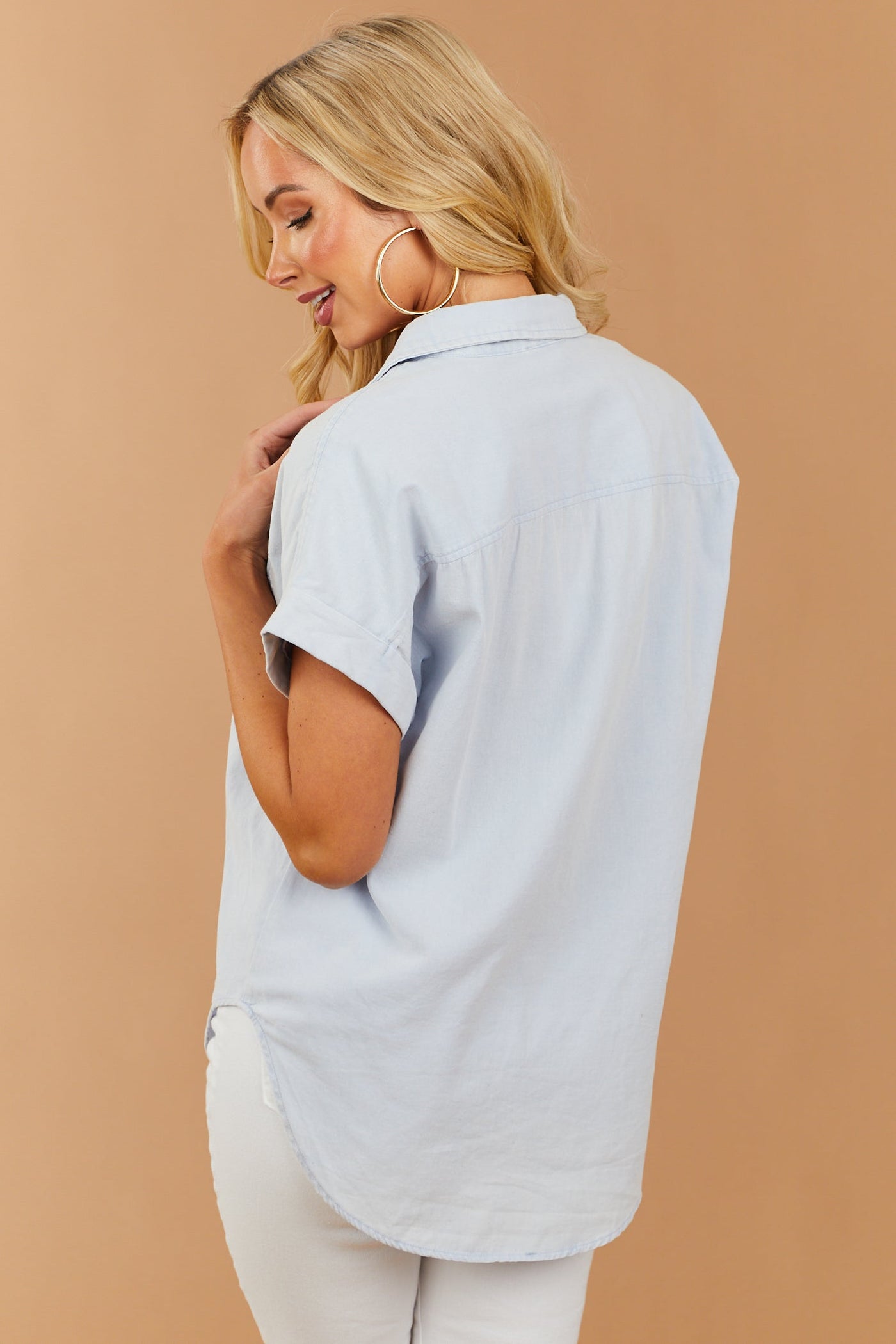 Powder Blue Short Sleeve Collared Chambray Top