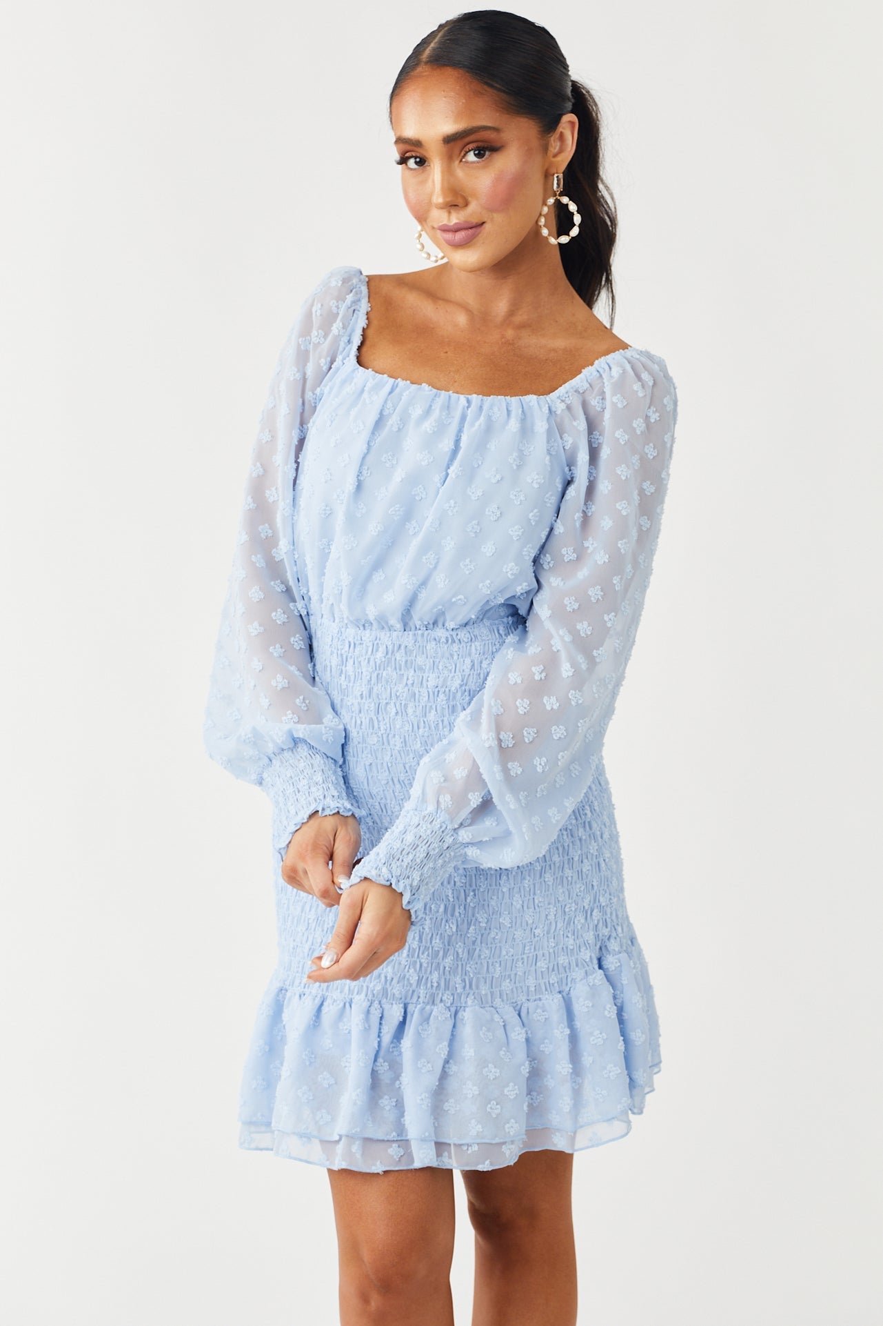 Powder Blue Swiss Dot Smocked Mini Dress