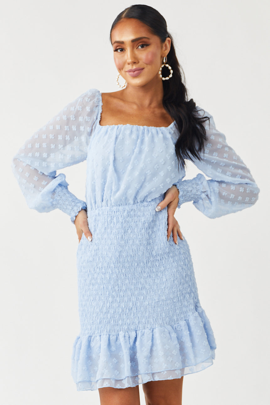 Powder Blue Swiss Dot Smocked Mini Dress