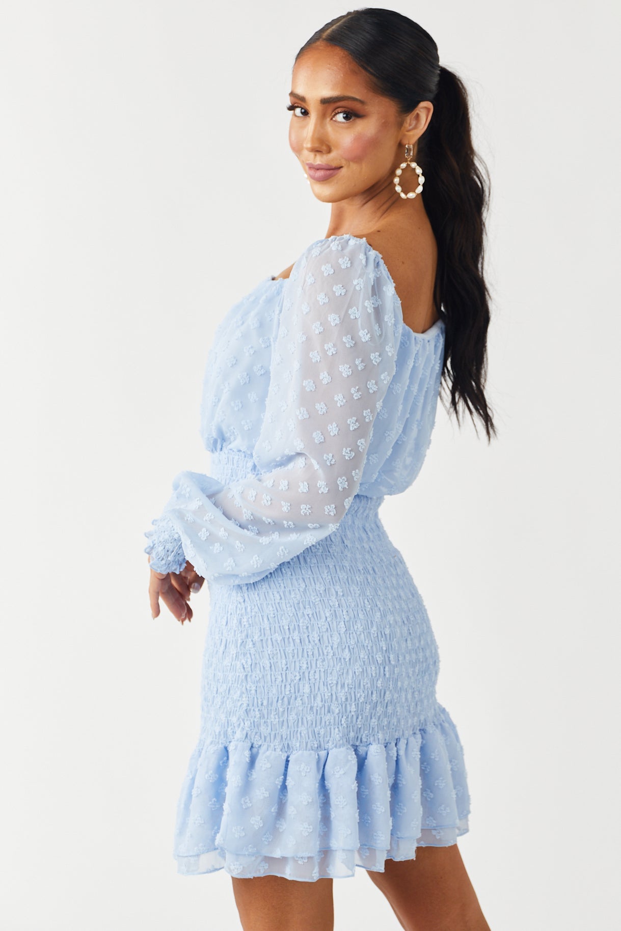 Powder Blue Swiss Dot Smocked Mini Dress