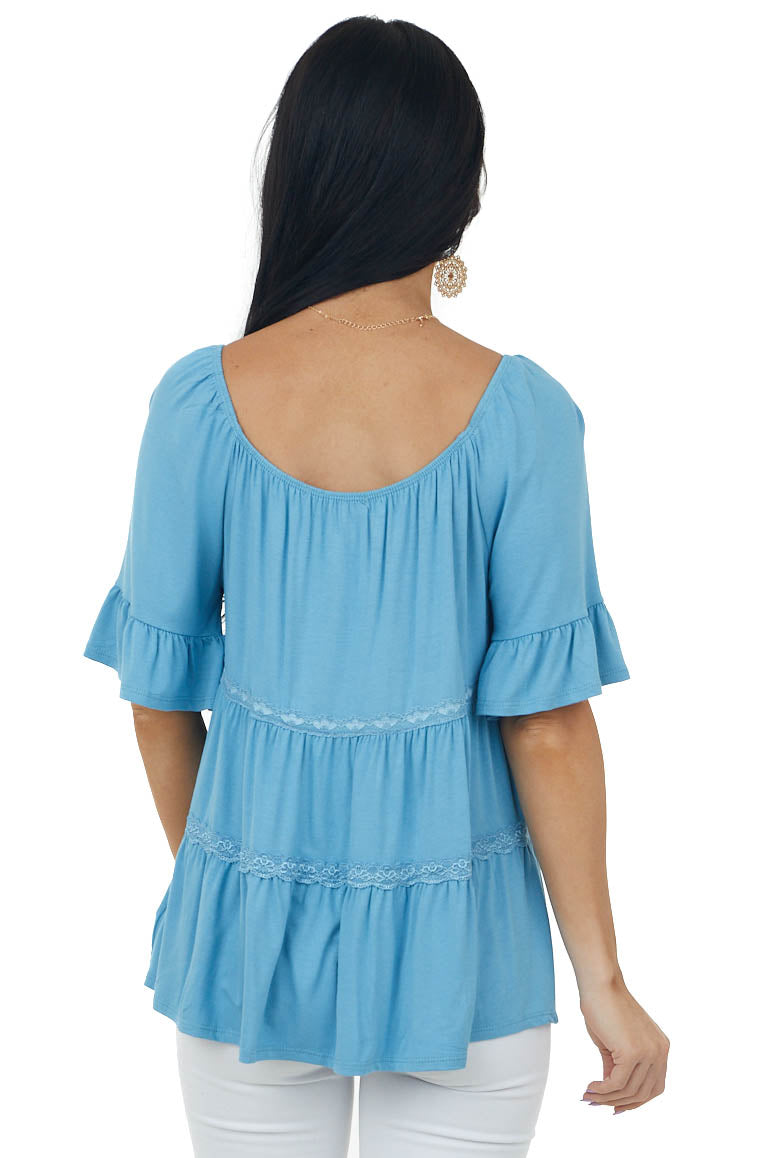 Powder Blue Tiered Lace Off Shoulder Knit Top