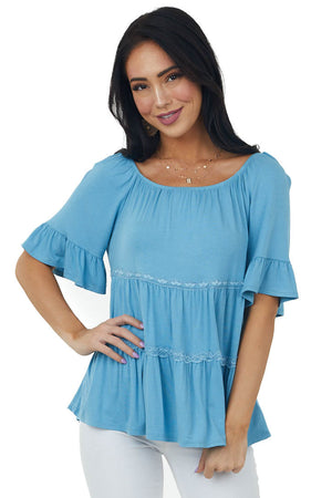 Powder Blue Tiered Lace Off Shoulder Knit Top