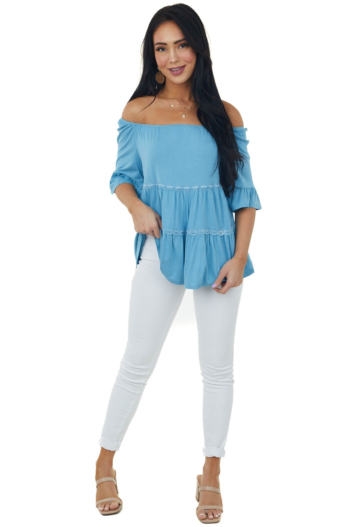 Powder Blue Tiered Lace Off Shoulder Knit Top