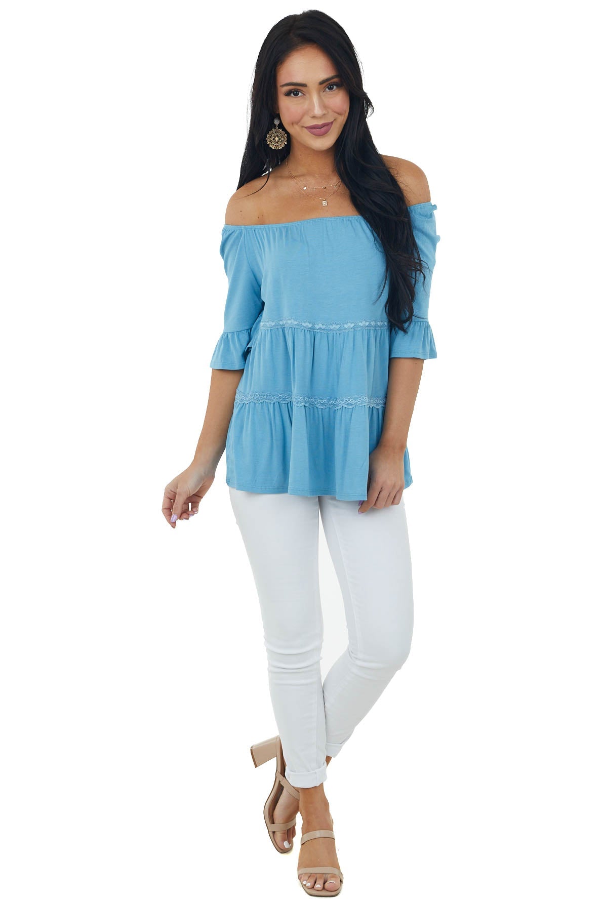 Powder Blue Tiered Lace Off Shoulder Knit Top