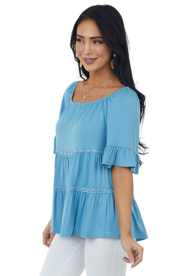 Powder Blue Tiered Lace Off Shoulder Knit Top
