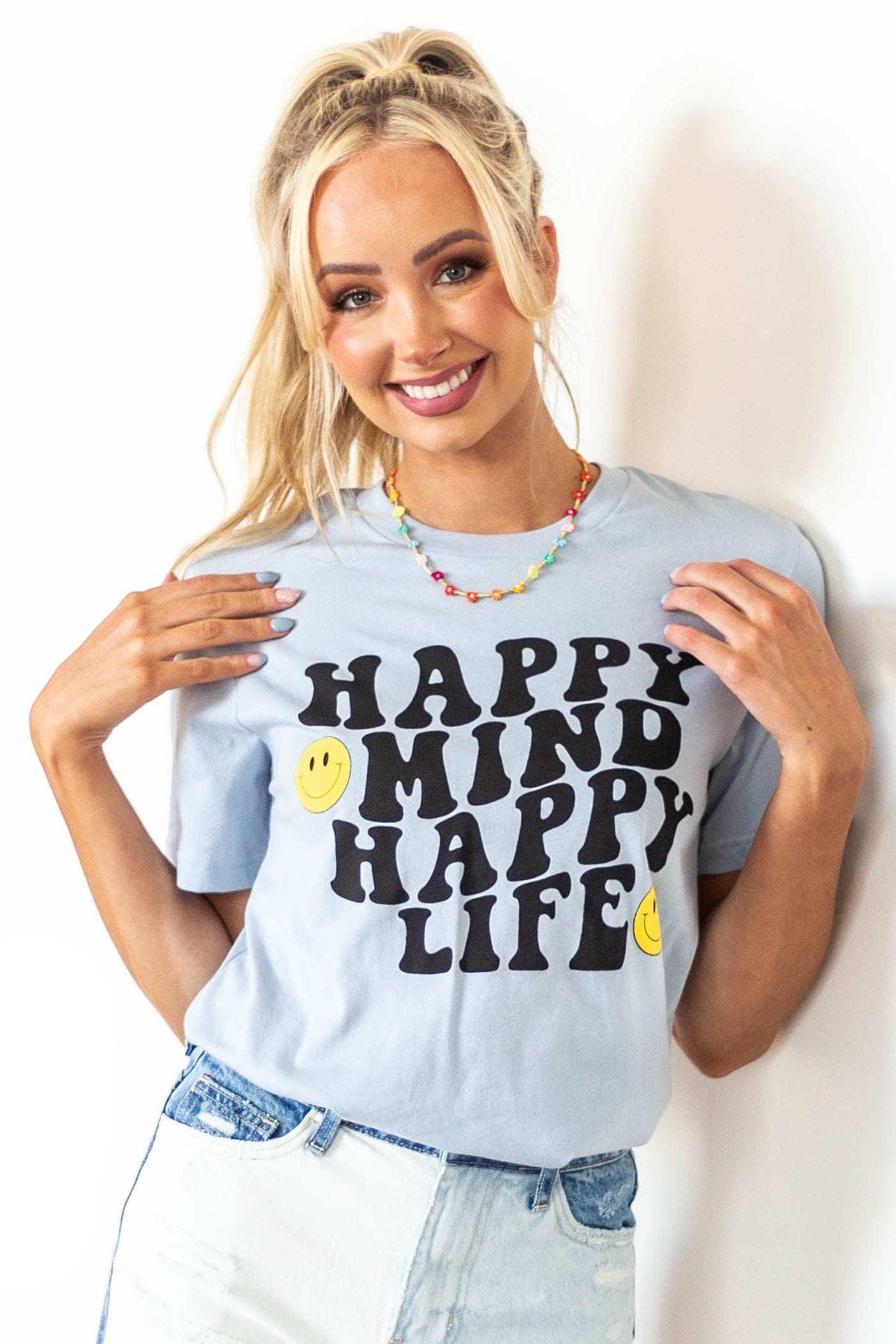 Powder Blue 'Happy Mind Happy Life' Graphic Tee