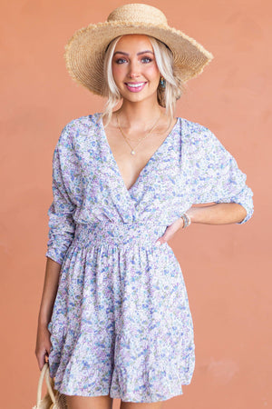 Powder Blue Floral Print Surplice Short Dress 