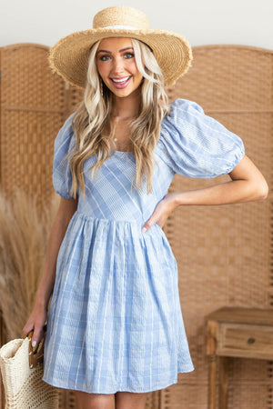 Powder Blue Plaid Babydoll Short Dress 
