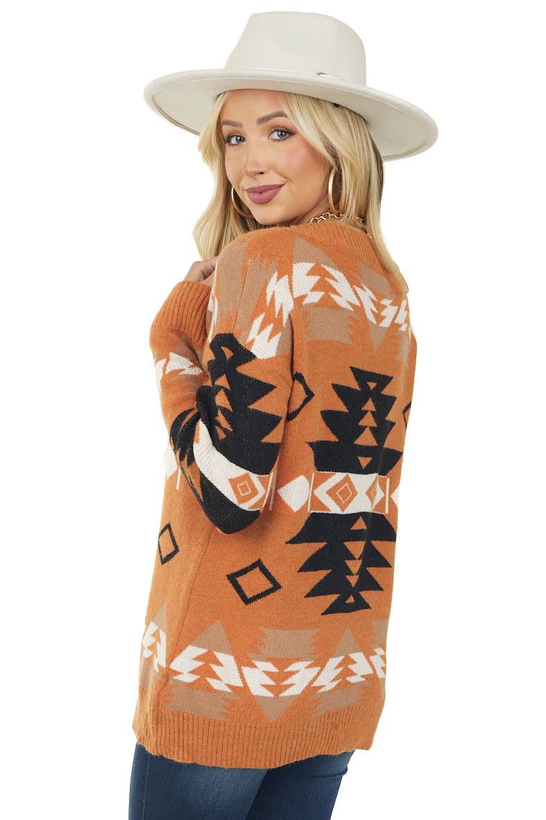 Pumpkin Aztec Print V Neck Soft Knit Sweater