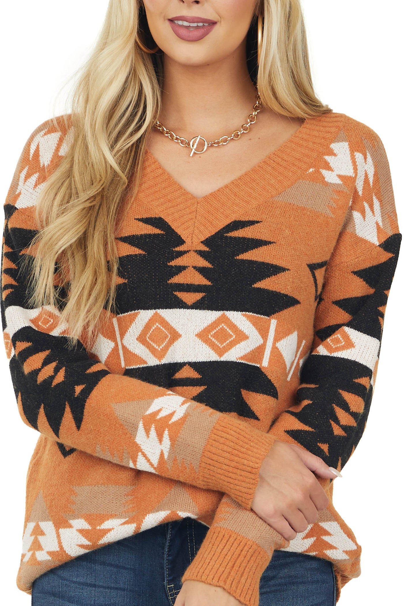 Pumpkin Aztec Print V Neck Soft Knit Sweater