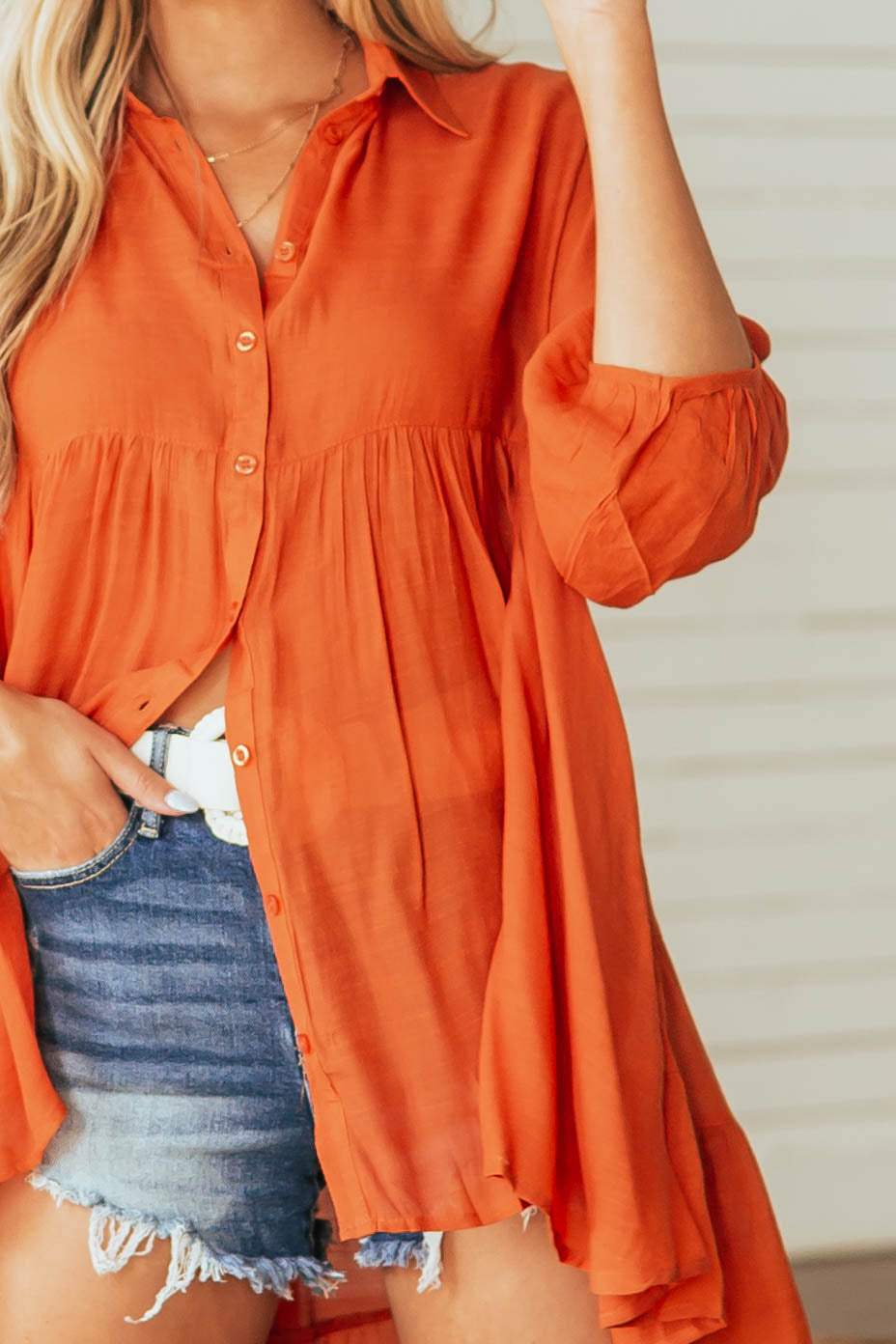 Pumpkin Button Down High Low Flowy Tunic Blouse