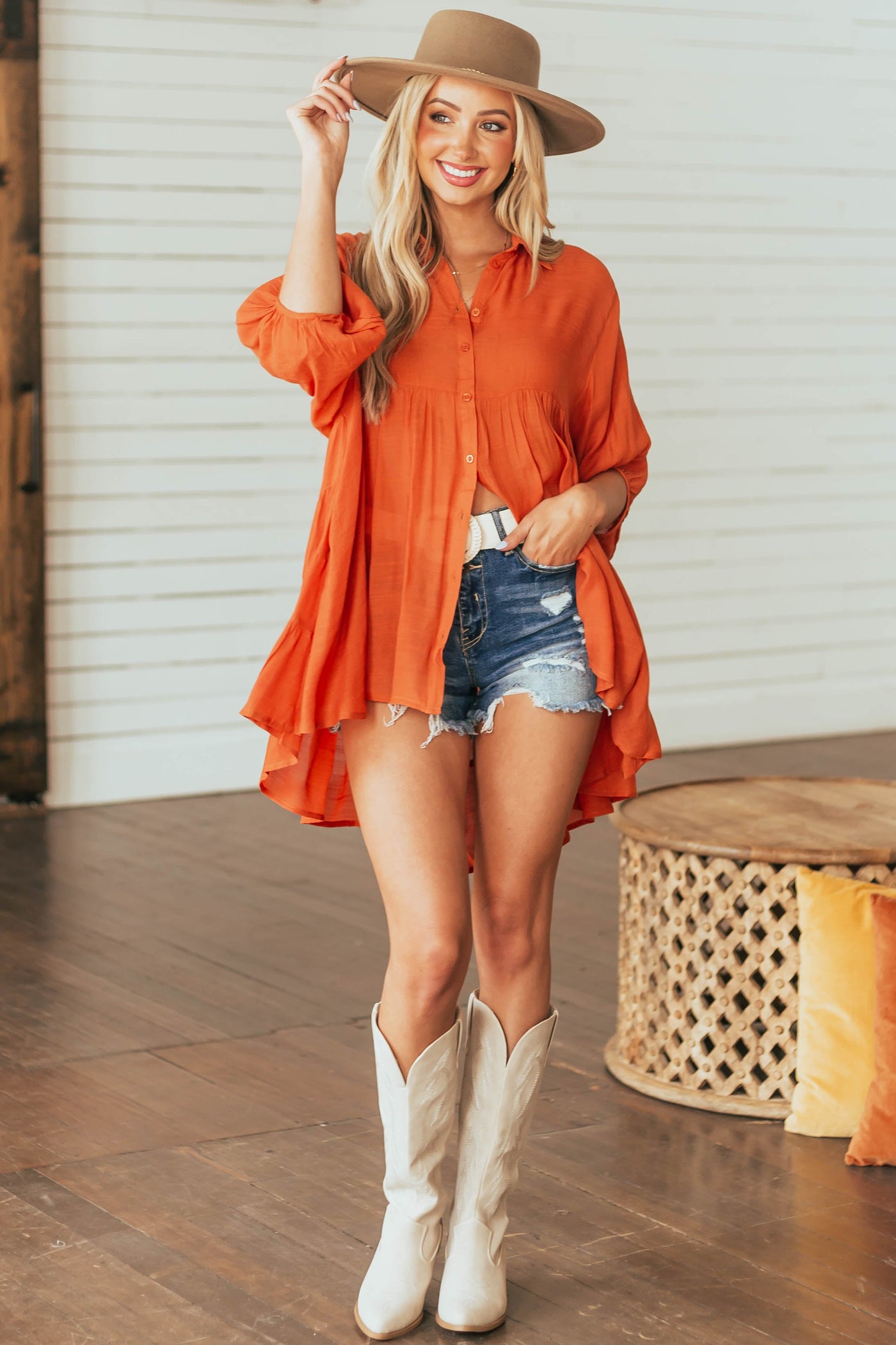 Pumpkin Button Down High Low Flowy Tunic Blouse