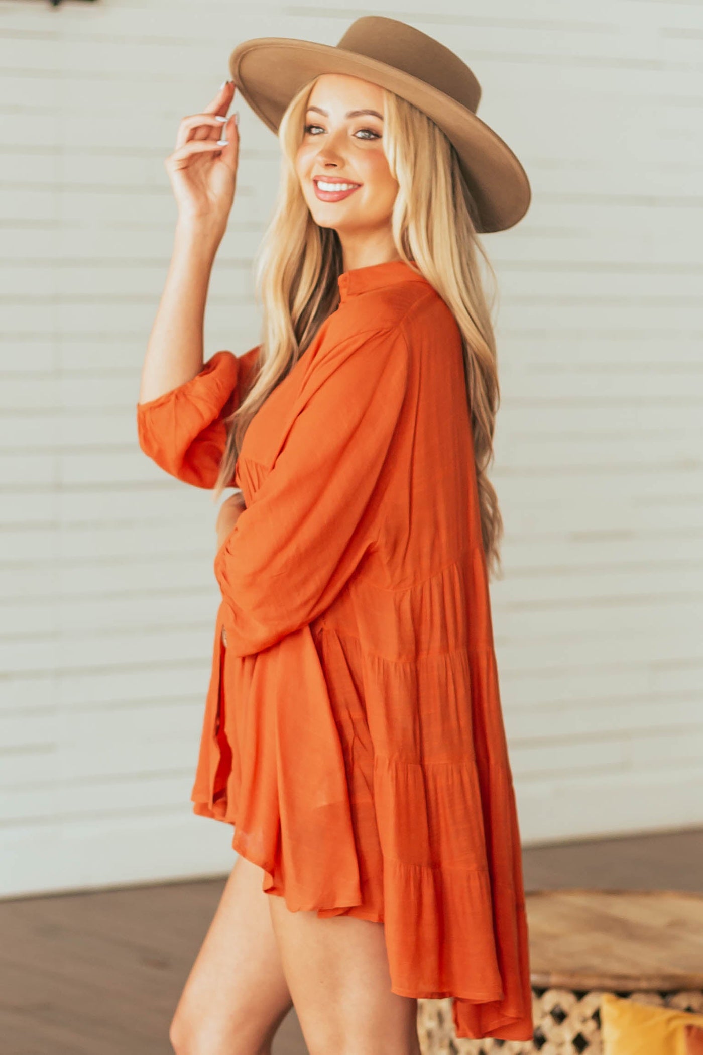 Pumpkin Button Down High Low Flowy Tunic Blouse